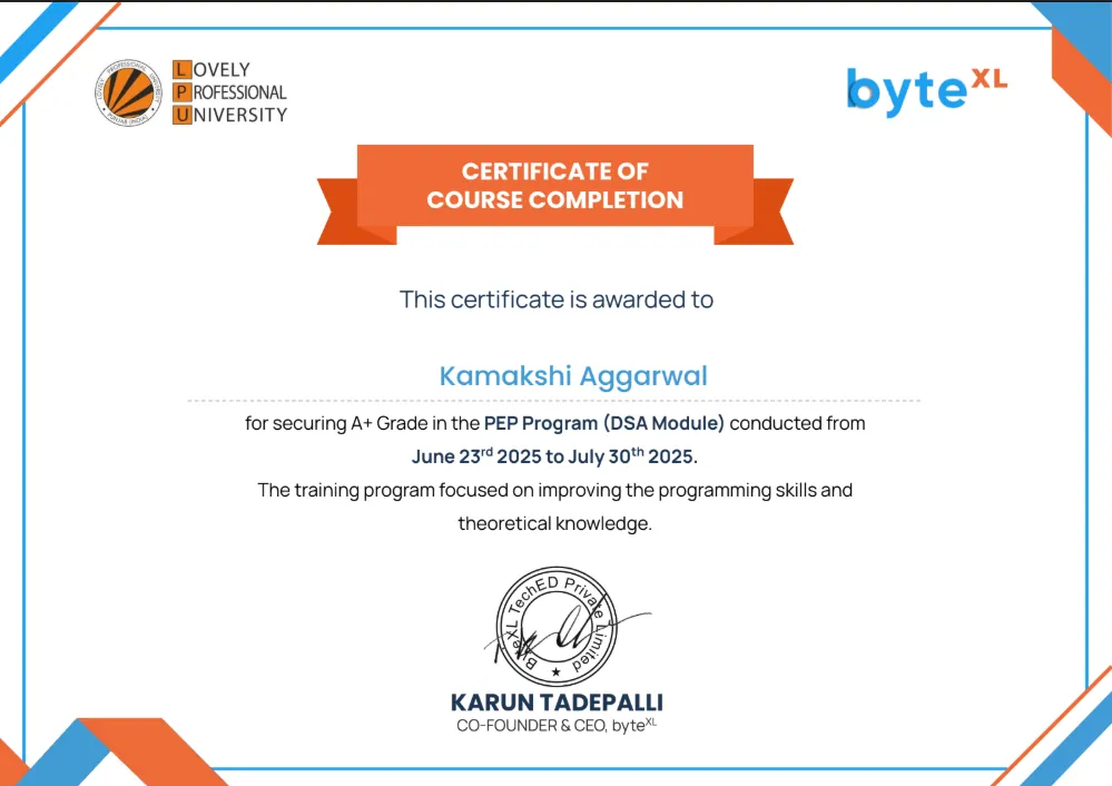 ByteXL summer training certificate